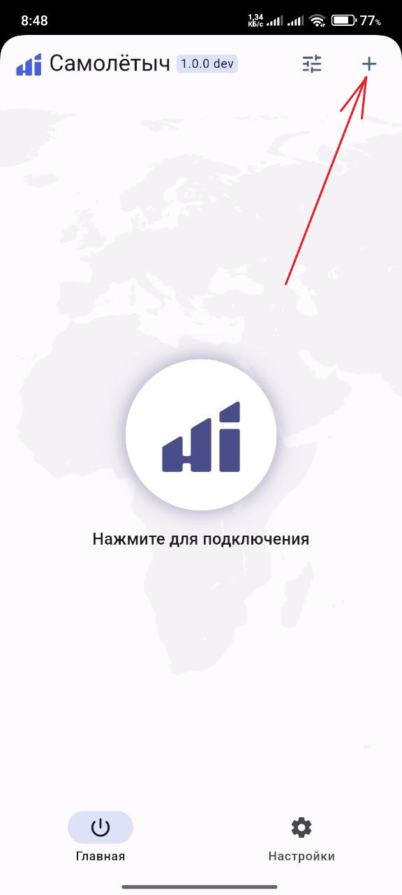 Кнопка + в Hiddify